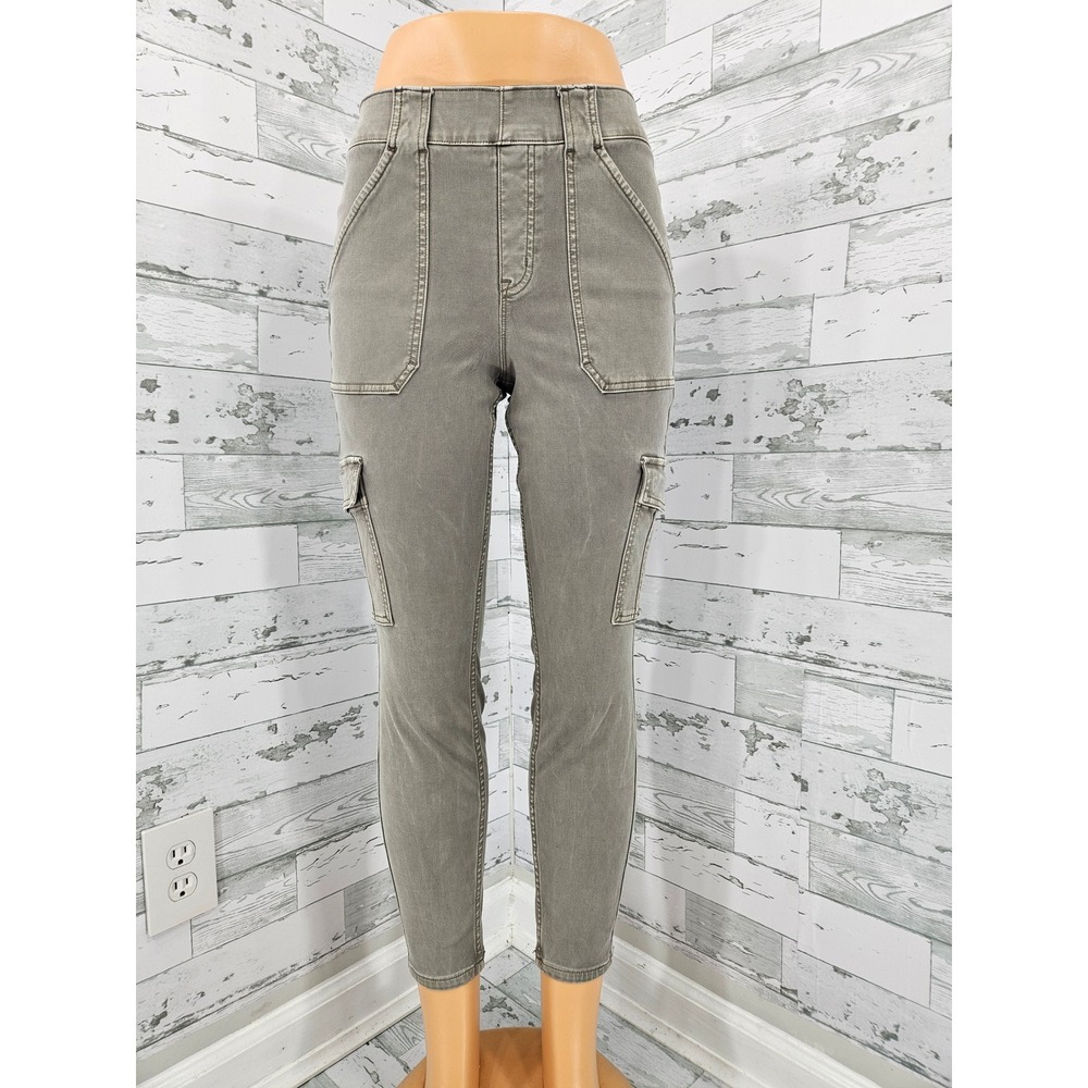 Spanx Women Sage Green Stretch Twill Cargo Pants Petite Large Cropped Slim Fit